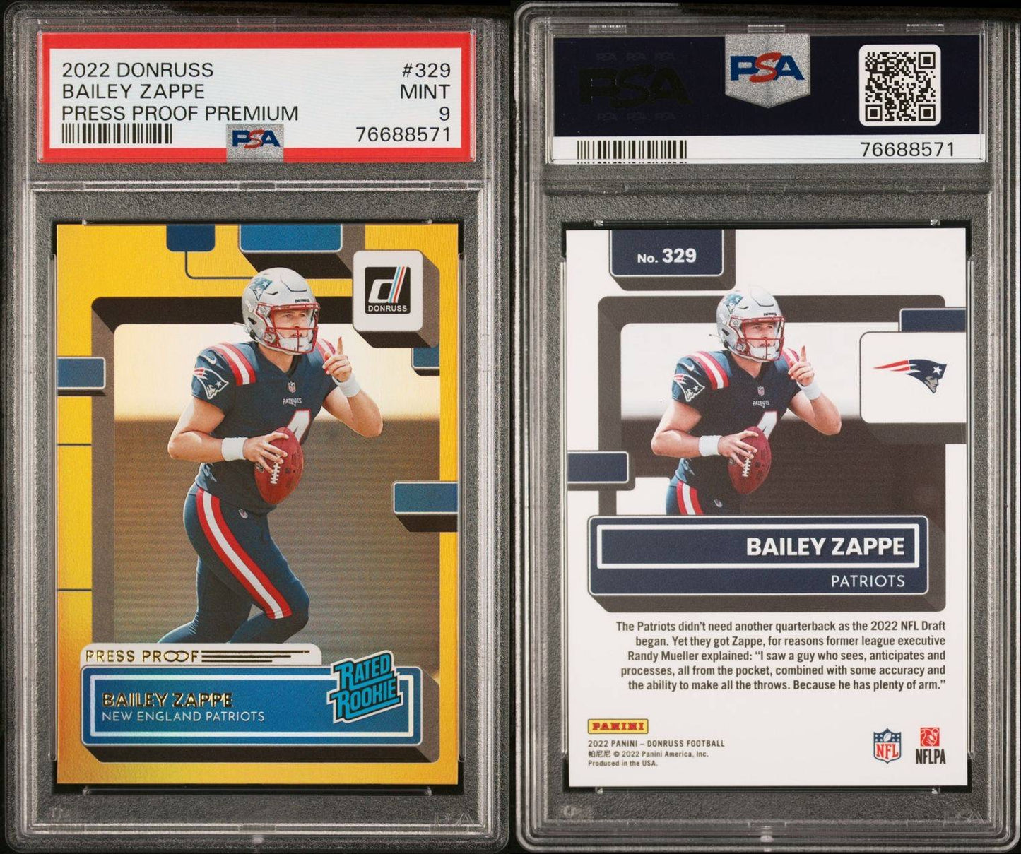 2020 Donruss Bailey Zappe Press Proof Premium #329 - PSA 9