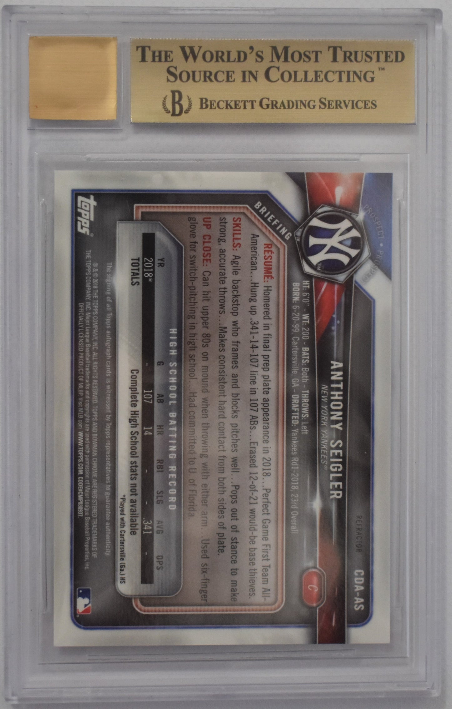 2018 Bowman Chrome Draft Autographs Refractors Anthony Seigler 311/499 #CDAAS - Beckett 10 10