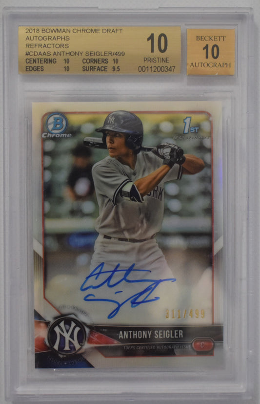 2018 Bowman Chrome Draft Autographs Refractors Anthony Seigler 311/499 #CDAAS - Beckett 10 10