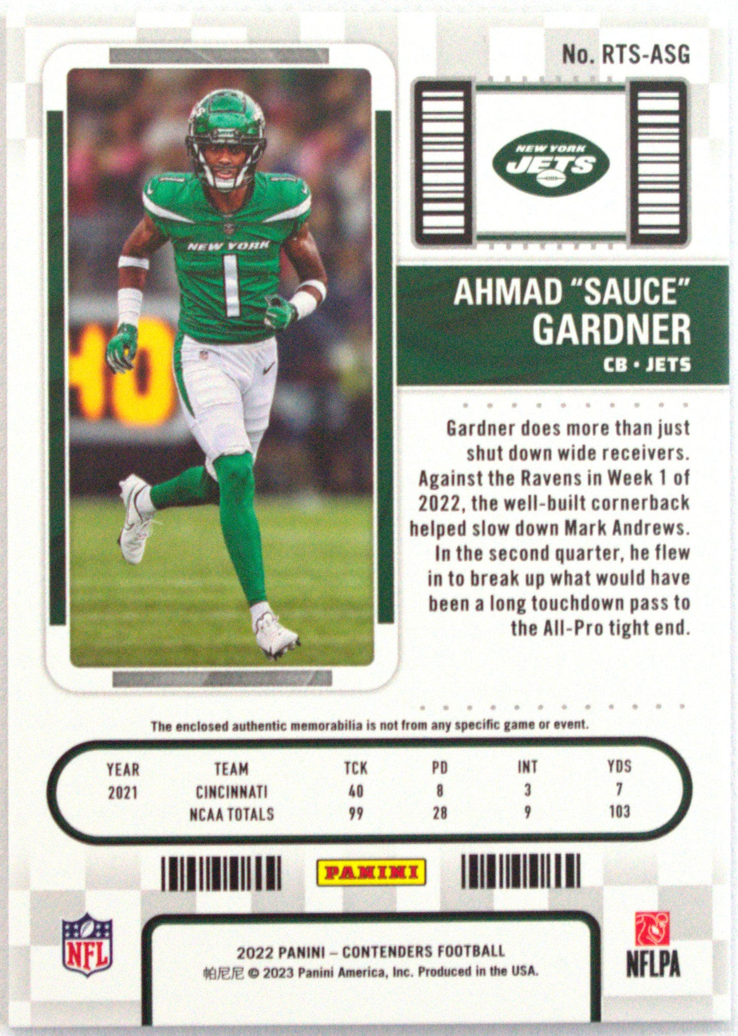 2022 Panini Contenders Football Rookie Ticket Amhad "Sauce" Gardner #RTS-ASG