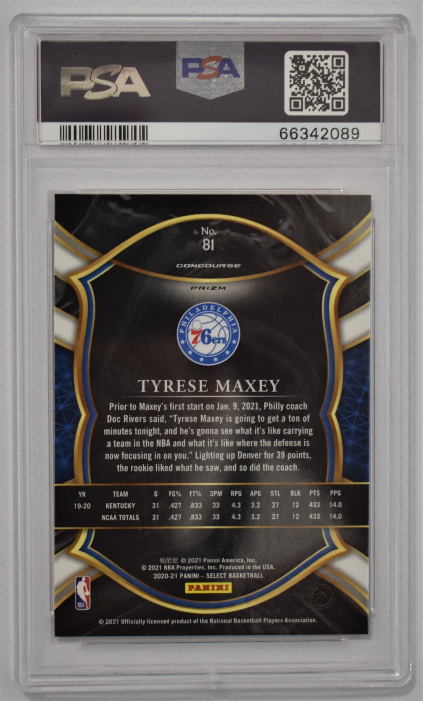 2020 Panini Select Tyrese Maxey Red/White/Orange Shimmer #81 - PSA 8