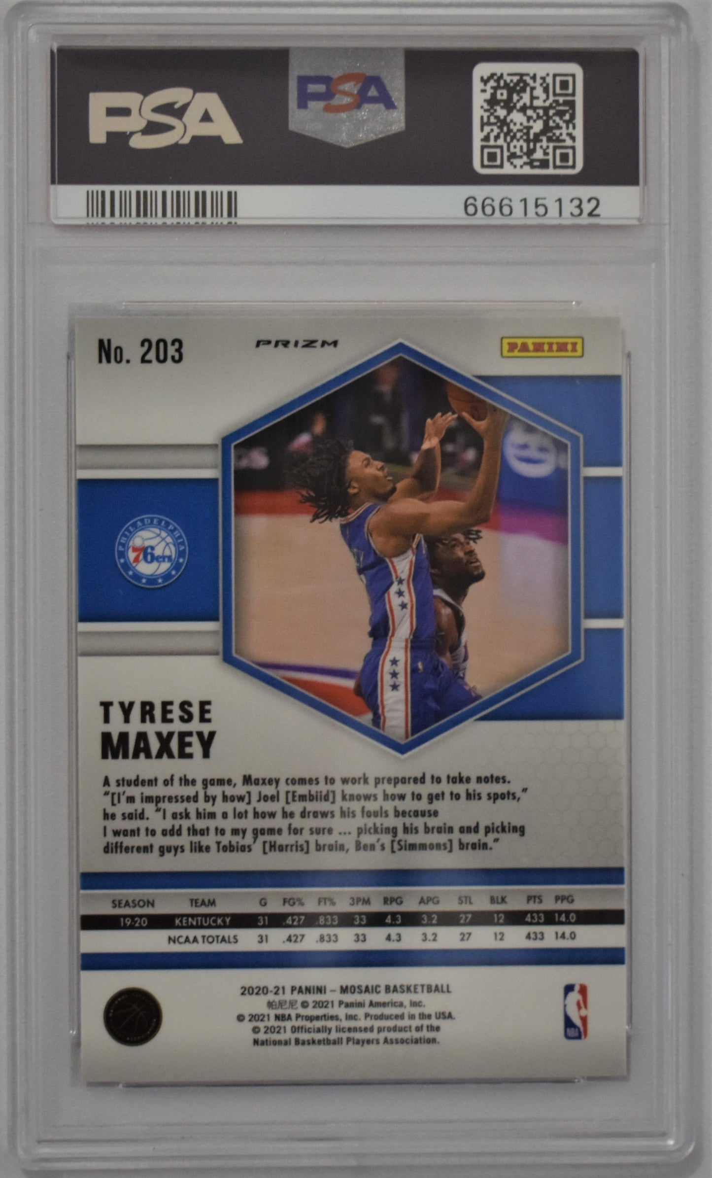 2020 Mosaic Tyrese Maxey Reactive Yellow Rookie #203 - PSA 9